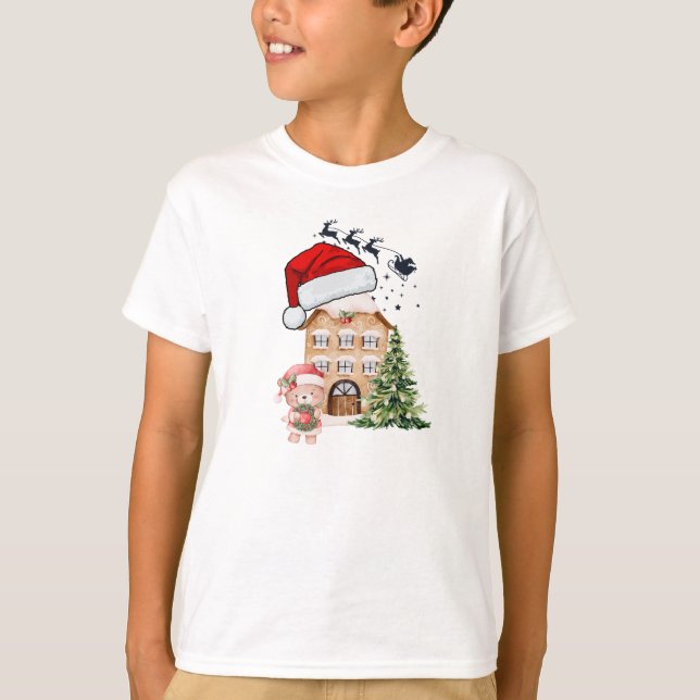 Cute Teddy Bear & Gingerbread House Whimsical Chri T-Shirt (Front)