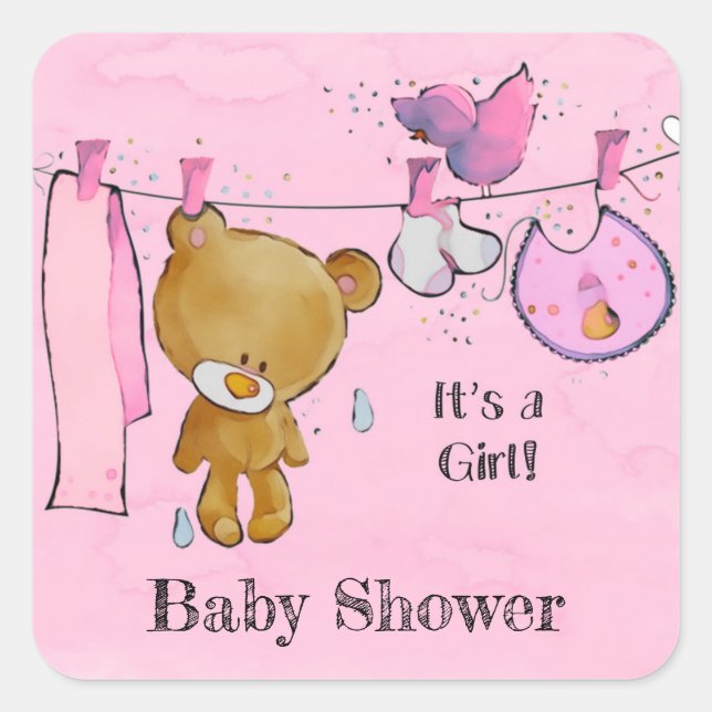 Cute Teddy Bear Girl Baby Shower Square Sticker (Front)