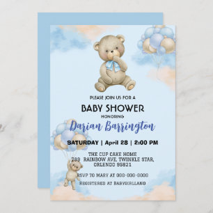 Cute teddy Bear gradient balloon baby boy shower Invitation