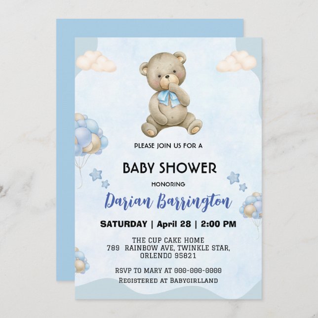 Cute teddy Bear gradient balloon baby boy shower  Invitation (Front/Back)