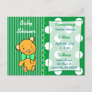 Cute Teddy Bear Green Baby Shower Invitation Postcard