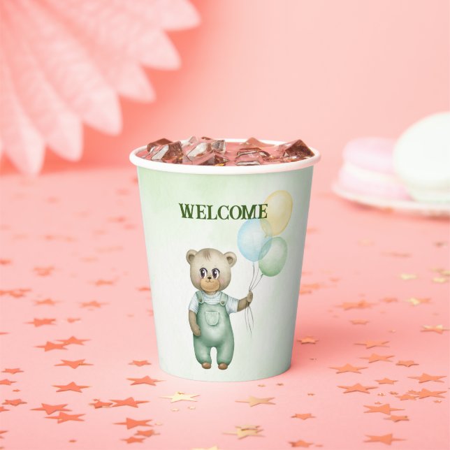 cute teddy bear green wallpaper paper cups (Insitu)