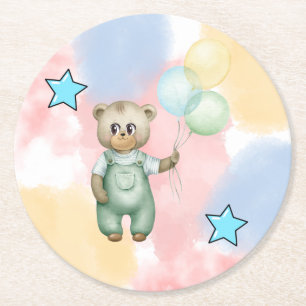 cute teddy bear green wallpaper round paper coaster