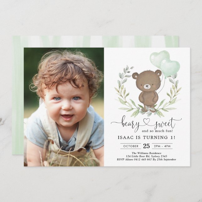 Cute Teddy Bear Greenery Balloons Neutral Birthday Invitation (Front/Back)