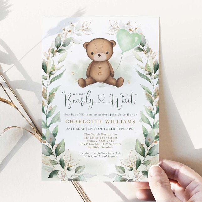 Cute Teddy Bear Greenery Gold Neutral Baby Shower Invitation (Creator Uploaded)