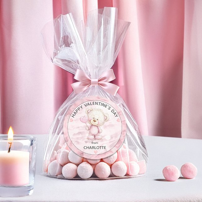 Cute Teddy Bear | Heart Pop Happy Valentines Day Classic Round Sticker (Cute Teddy Bear Holding A Heart-Shaped Pop "Happy Valentine's Day" from Name Classic Round Sticker)