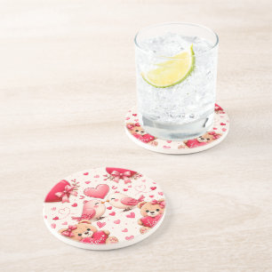 Cute Teddy Bear & Hearts Pattern Sandstone Coastei Coaster