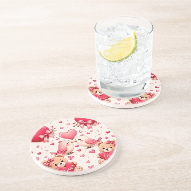 Cute Teddy Bear & Hearts Pattern Sandstone Coastei Coaster (Side)