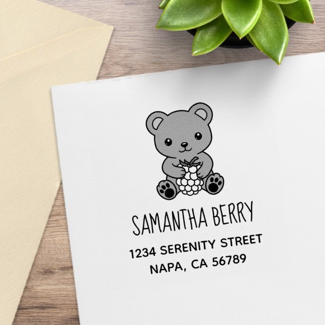 Cute Teddy Bear Holding a Berry Address Rubber Stamp (Creator Uploaded)