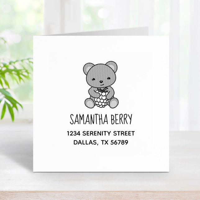 Cute Teddy Bear Holding a Berry Address Rubber Stamp (Creator Uploaded)
