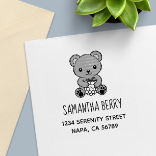 Cute Teddy Bear Holding a Berry Address Self-inking Stamp