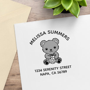 Cute Teddy Bear Holding a Berry Arch Address Rubber Stamp
