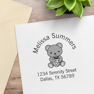 Cute Teddy Bear Holding a Berry Arch Address Rubber Stamp
