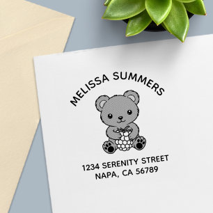 Cute Teddy Bear Holding a Berry Arch Address Self-inking Stamp