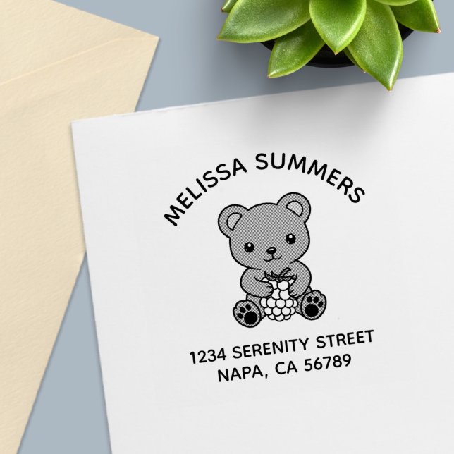 Cute Teddy Bear Holding a Berry Arch Address Self-inking Stamp (Creator Uploaded)