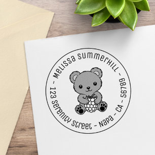 Cute Teddy Bear Holding a Berry Round Address Rubber Stamp