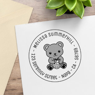 Cute Teddy Bear Holding a Berry Round Address Rubber Stamp