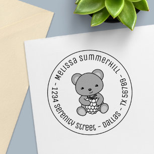 Cute Teddy Bear Holding a Berry Round Address Self-inking Stamp