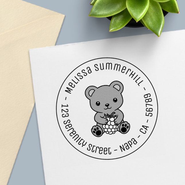 Cute Teddy Bear Holding a Berry Round Address Self-inking Stamp (Creator Uploaded)