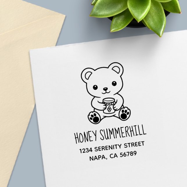 Cute Teddy Bear Holding a Honey Jar Address Self-inking Stamp (Creator Uploaded)