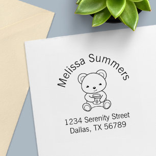 Cute Teddy Bear Holding a Honey Jar Arch Address Self-inking Stamp