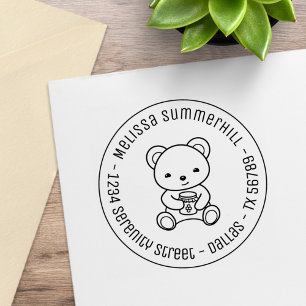 Cute Teddy Bear Holding a Honey Jar Round Address Rubber Stamp