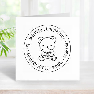 Cute Teddy Bear Holding a Honey Jar Round Address Rubber Stamp