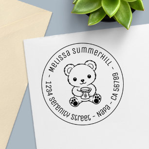 Cute Teddy Bear Holding a Honey Jar Round Address Self-inking Stamp