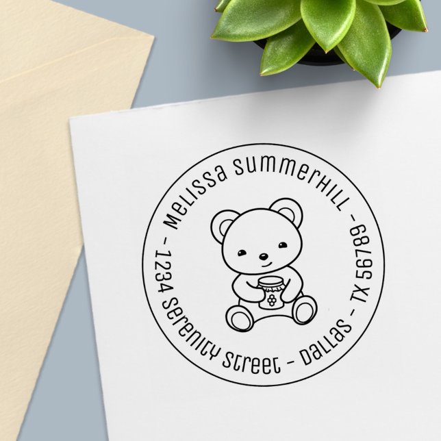 Cute Teddy Bear Holding a Honey Jar Round Address Self-inking Stamp (Creator Uploaded)
