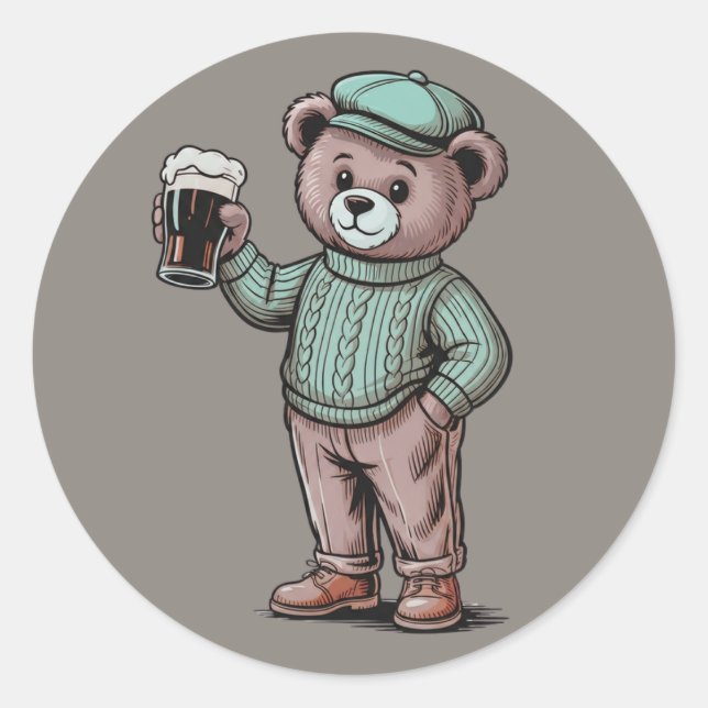 Cute Teddy Bear Holding Beer Classic Round Sticker (Front)
