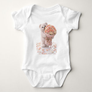 Cute Teddy Bear Holding Blush Peach Rose Bouquet Baby Bodysuit