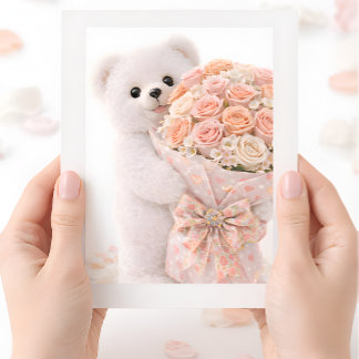 Cute Teddy Bear Holding Blush Peach Rose Bouquet  Card