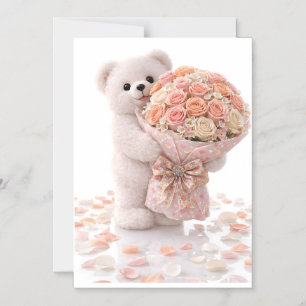 Cute Teddy Bear Holding Blush Peach Rose Bouquet  Magnetic Invitation