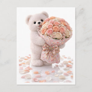 Cute Teddy Bear Holding Blush Peach Rose Bouquet  Postcard