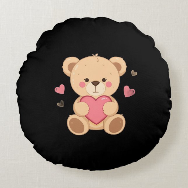 Cute Teddy Bear Holding Heart – love Round Cushion (Front)