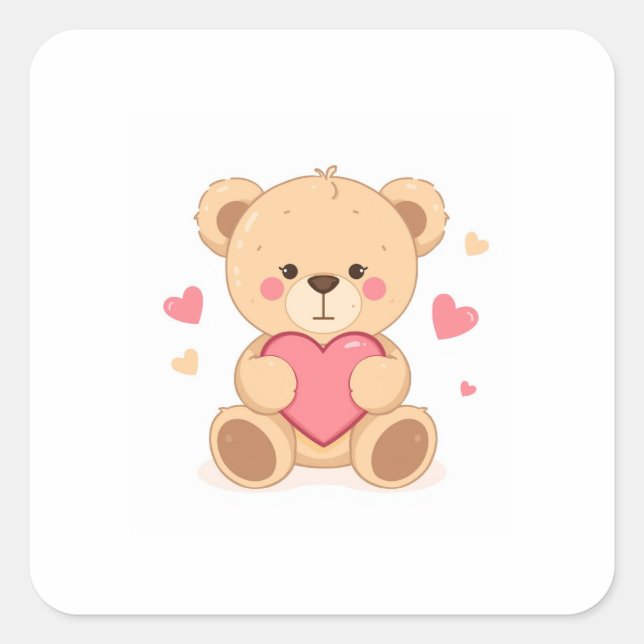 Cute Teddy Bear Holding Heart – Valentine Love Ill Square Sticker (Front)