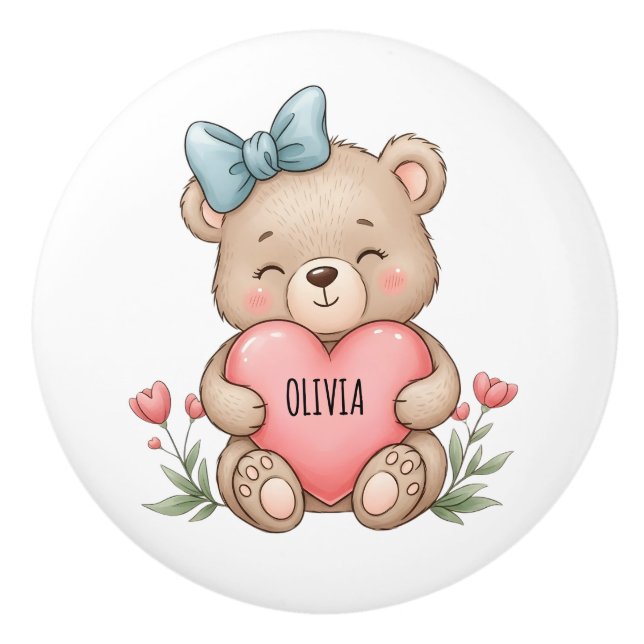 Cute Teddy Bear Holding Pink Heart Ceramic Knob (Front)