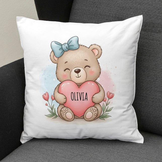 Cute Teddy Bear Holding Pink Heart Cushion (Creator Uploaded)