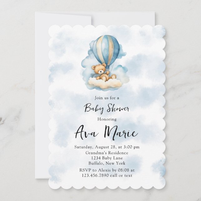 Cute Teddy Bear Hot Air Balloon Boy Baby Shower Invitation (Front)