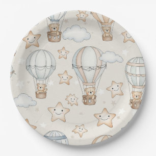 Cute Teddy Bear Hot Air Balloon Neutral Pattern 1 Paper Plate
