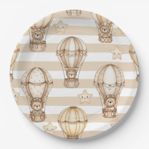 Cute Teddy Bear Hot Air Balloon Neutral Pattern 2 Paper Plate