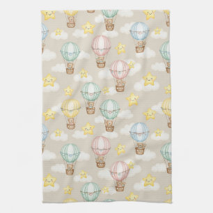 Cute Teddy Bear Hot Air Balloon Neutral Pattern 2 Tea Towel