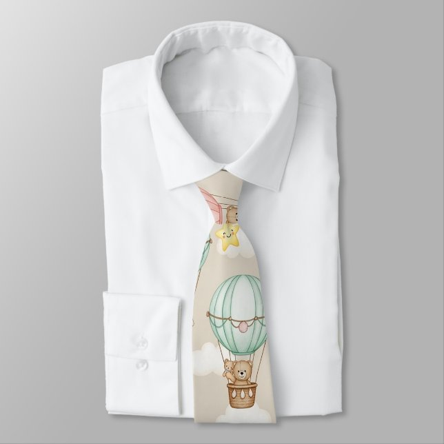Cute Teddy Bear Hot Air Balloon Neutral Pattern 2 Tie (Tied)