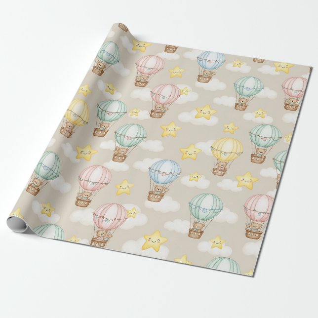 Cute Teddy Bear Hot Air Balloon Neutral Pattern 2 Wrapping Paper (Unrolled)