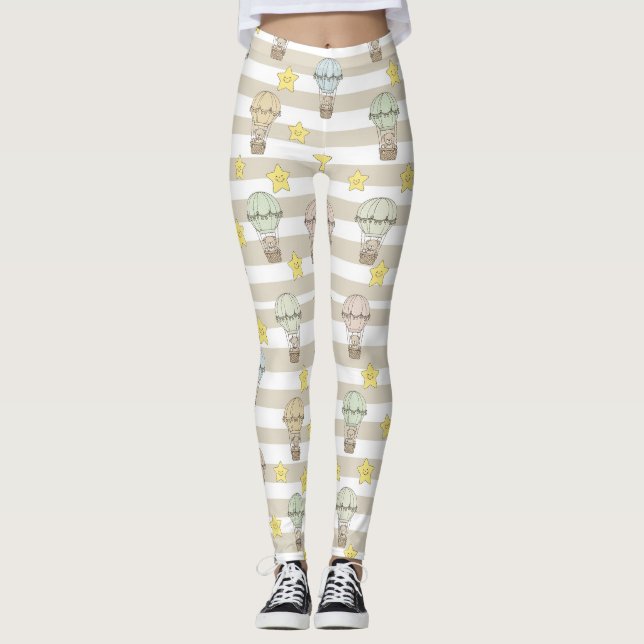 Cute Teddy Bear Hot Air Balloon Neutral Pattern 3 Leggings (Front)