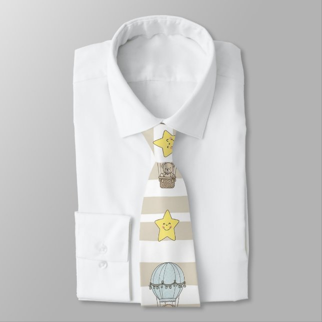 Cute Teddy Bear Hot Air Balloon Neutral Pattern 3 Tie (Tied)