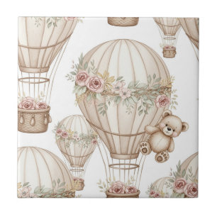 Cute Teddy Bear Hot Air Balloon Neutral Pattern 3 Tile
