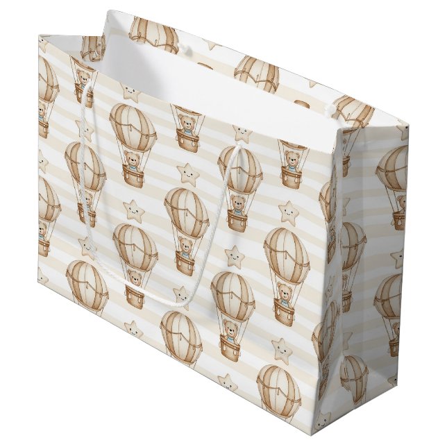 Cute Teddy Bear Hot Air Balloon Neutral Pattern 4 Large Gift Bag (Front Angled)