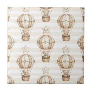 Cute Teddy Bear Hot Air Balloon Neutral Pattern 5 Tile