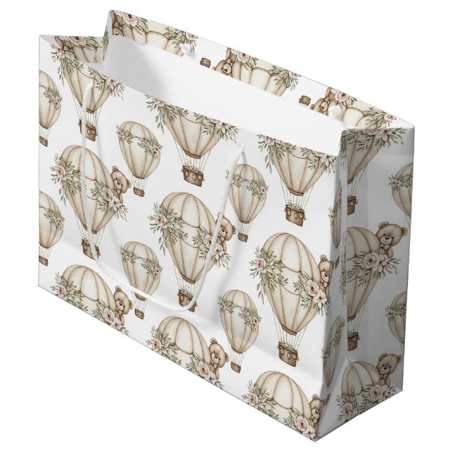 Cute Teddy Bear Hot Air Balloon Neutral Pattern 6 Large Gift Bag (Front Angled)